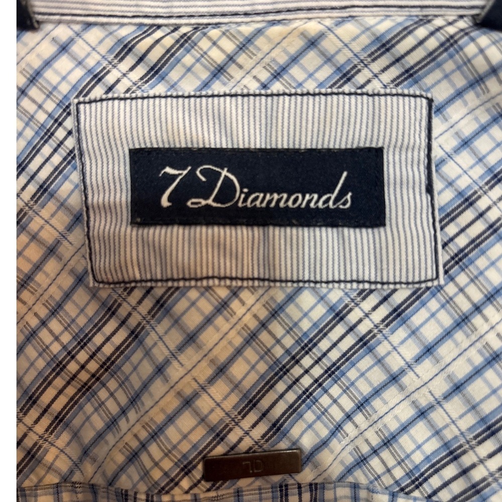 7 Diamonds Mens Short Sleeve Blue White Plaid Button Down Shirt Size Medium - Picture 4 of 5